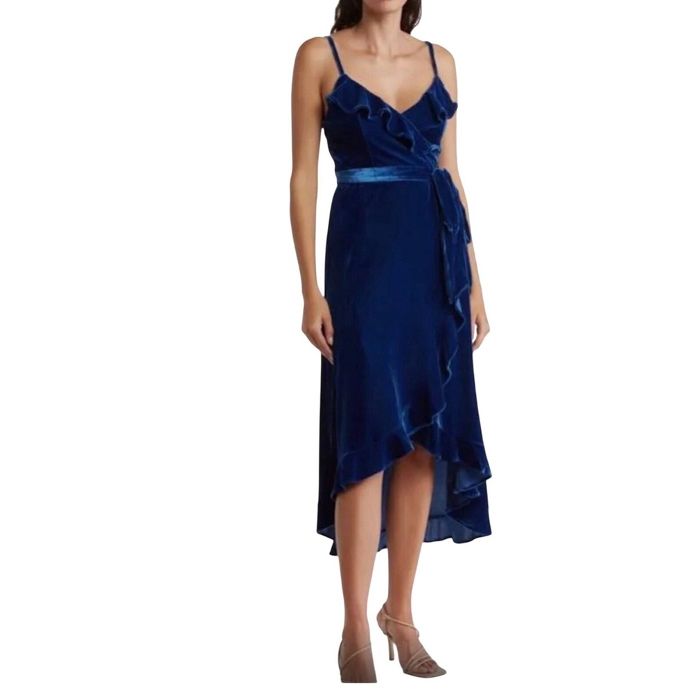 BCBGeneration Royal Blue Velvet Ruffle Wrap Midi Dress Spaghetti Straps‎ Size M